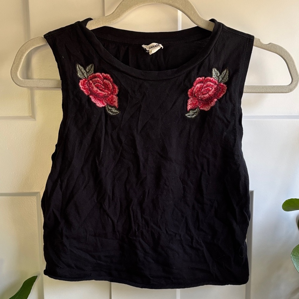 Garage Cropped Tank Top with Pink Floral Embroidery | size S